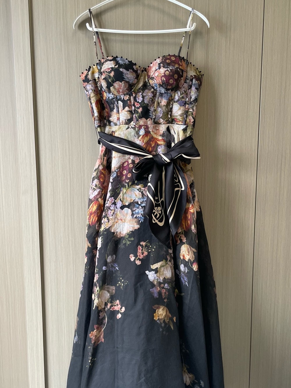 Zimmermann Black Floral Strap Dress with Decorative Bow